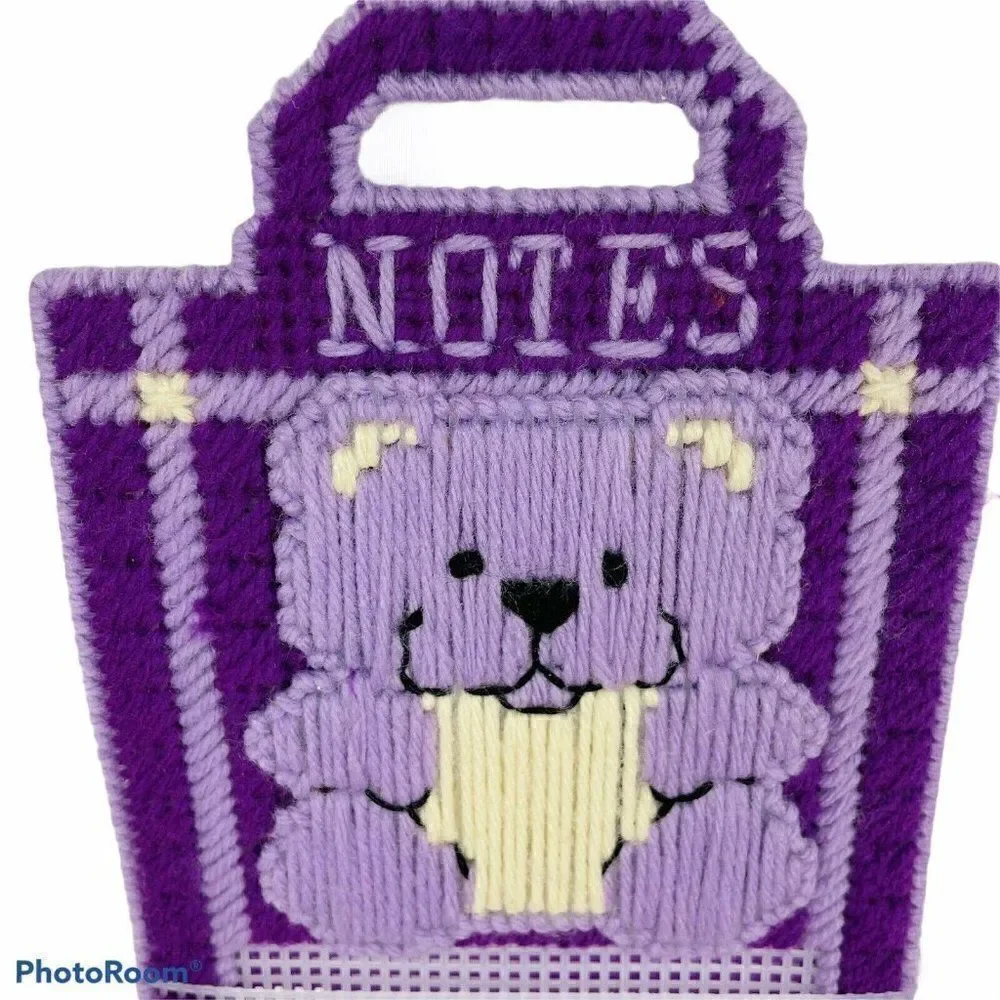 Vtg Plastic Canvas Purple Bear Hanging Note Holder Yarn Embroidery Kawaii Mail